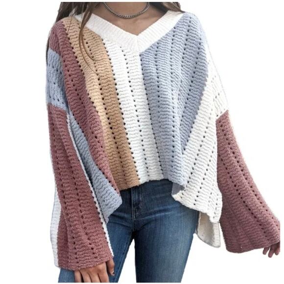 POL Oversized Open-Knit V-Neck Sweater Multi-Color Women’s Medium - Picture 1 of 8